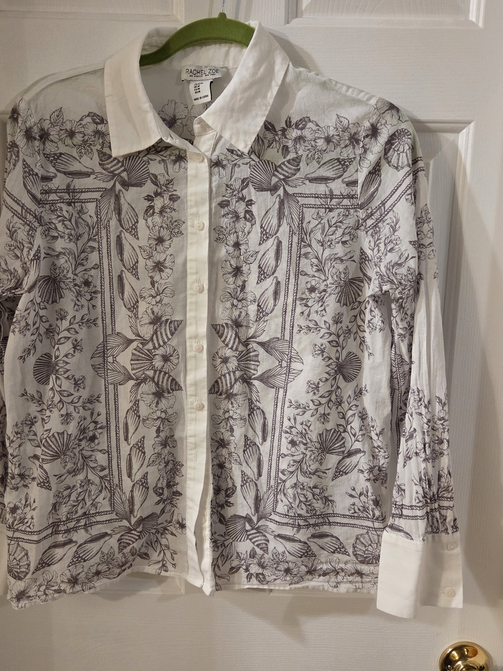 Rachel Zoe White Shirt with Black Botanical Sketch Print
